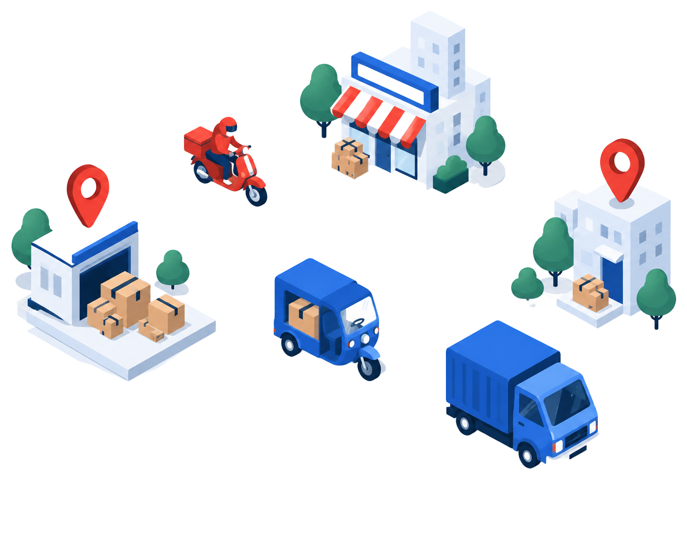Shyft scooter, cargo auto and truck moving goods between shops and destinations